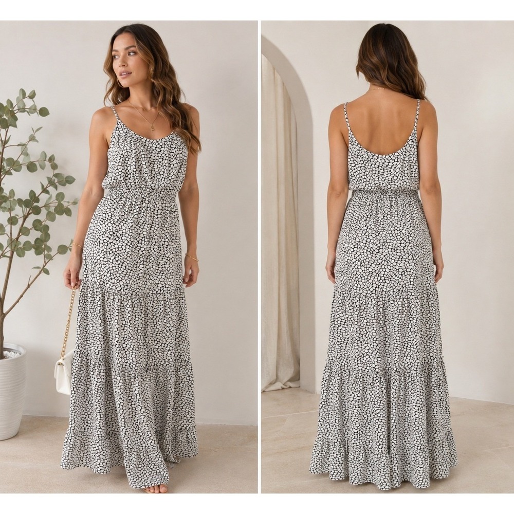 Michael Michael Kors Womens Black White Pebble Print Tiered Maxi Dress Medium